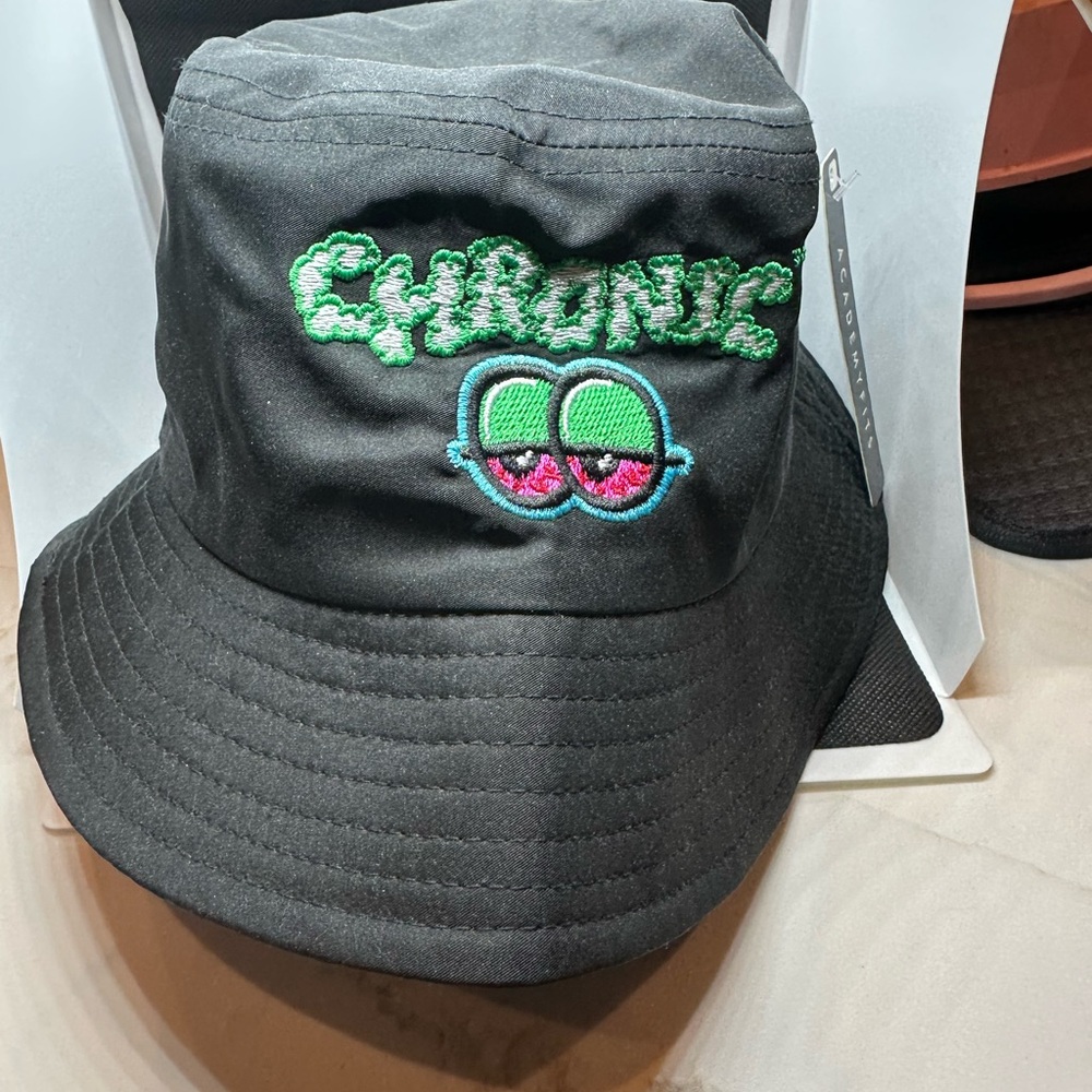 Black Chronic Bucket Hat with Green and Red Stoned Eyes Embroidery